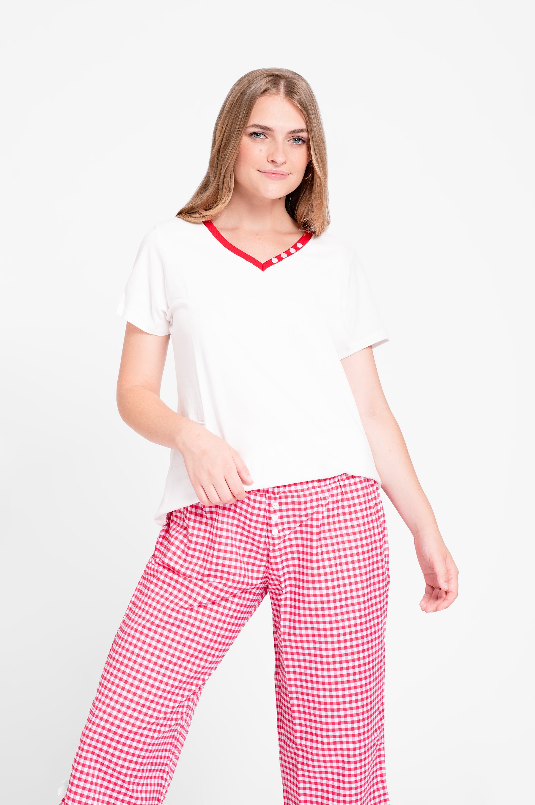 Pijama Set Pima Cotton y Vichy - Emi- Rojo