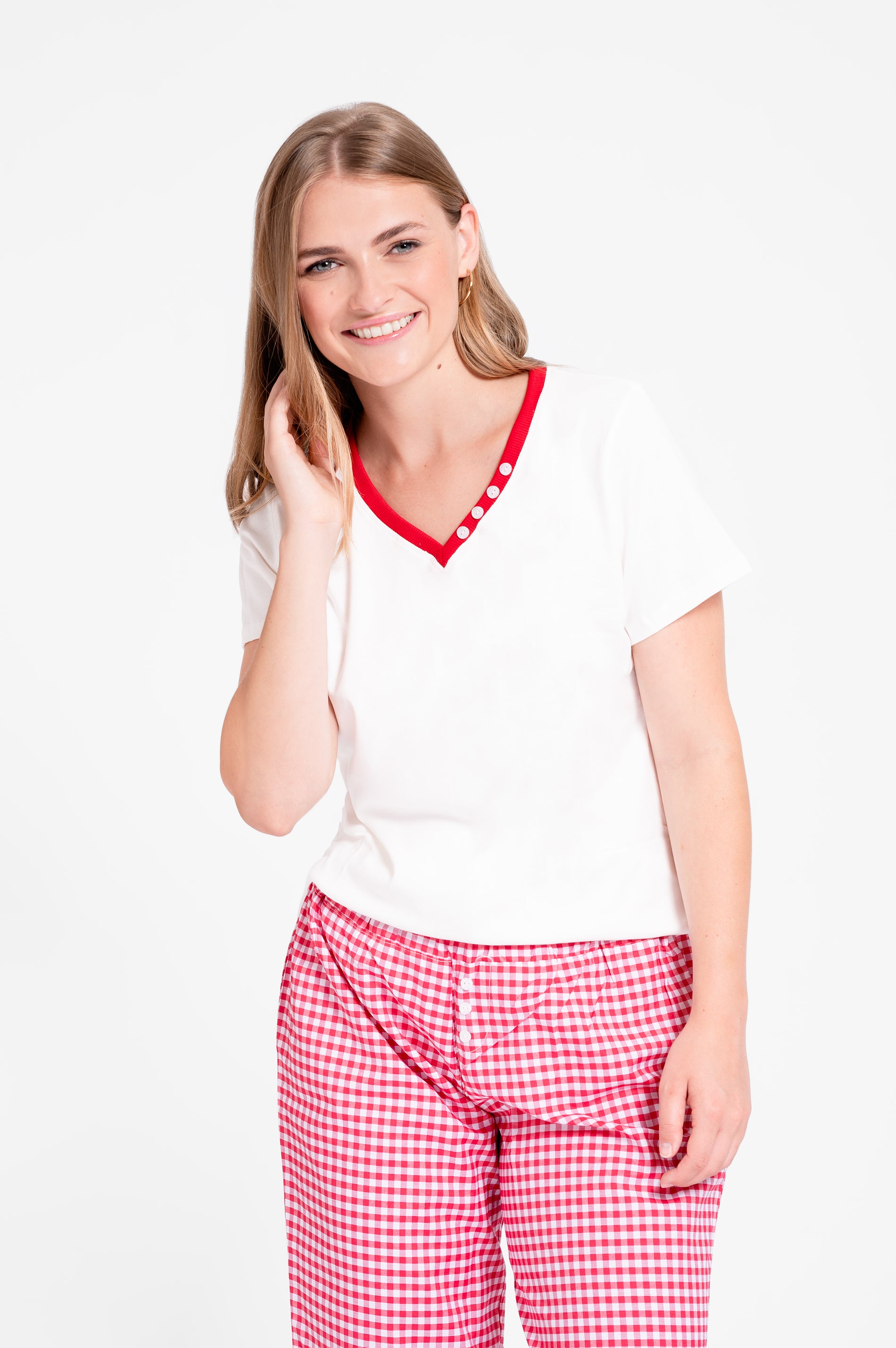 Pijama Set Pima Cotton y Vichy - Emi- Rojo