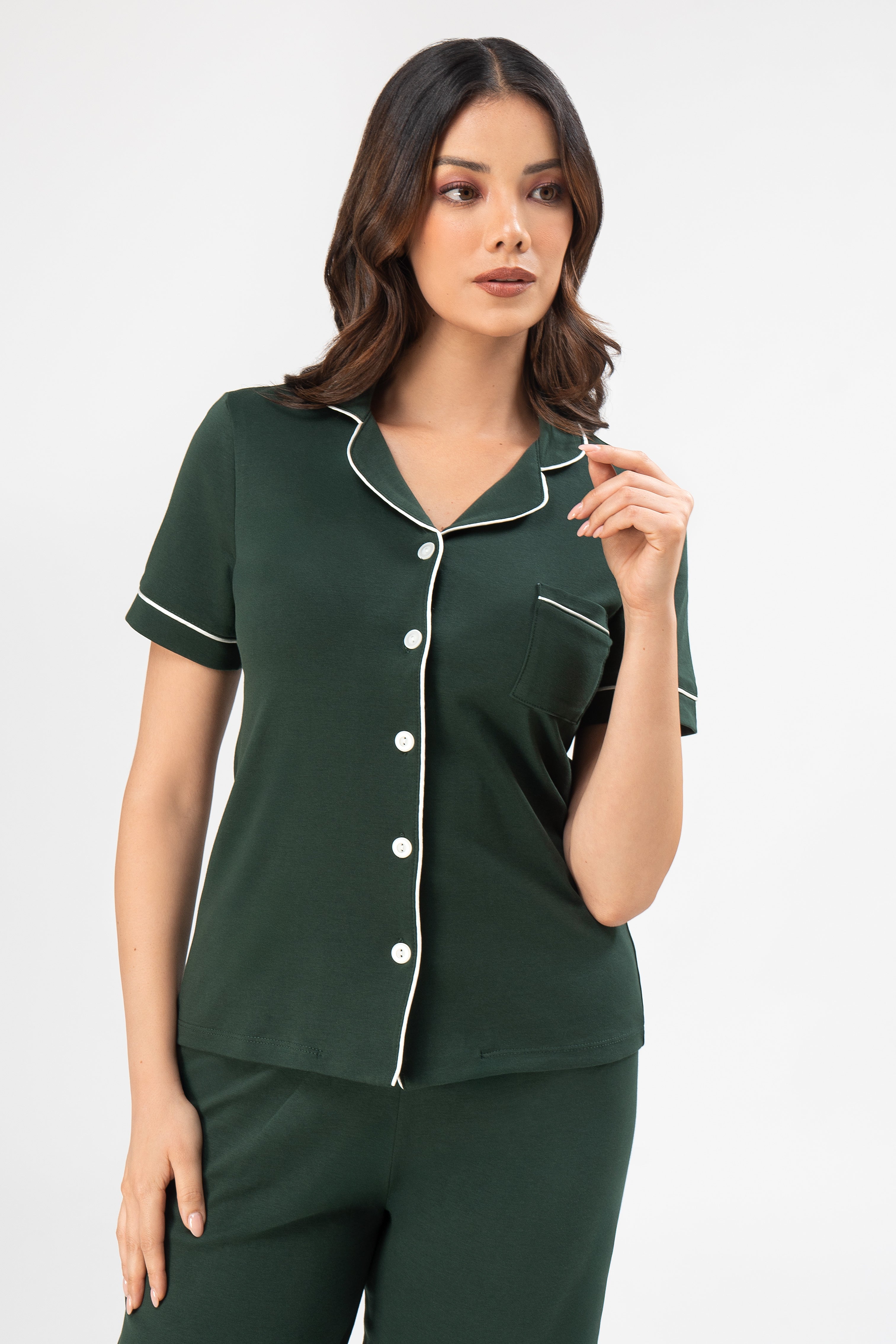 Pijama Set Ana Pima - Manga Corta + Pantalon - Verde Bosque