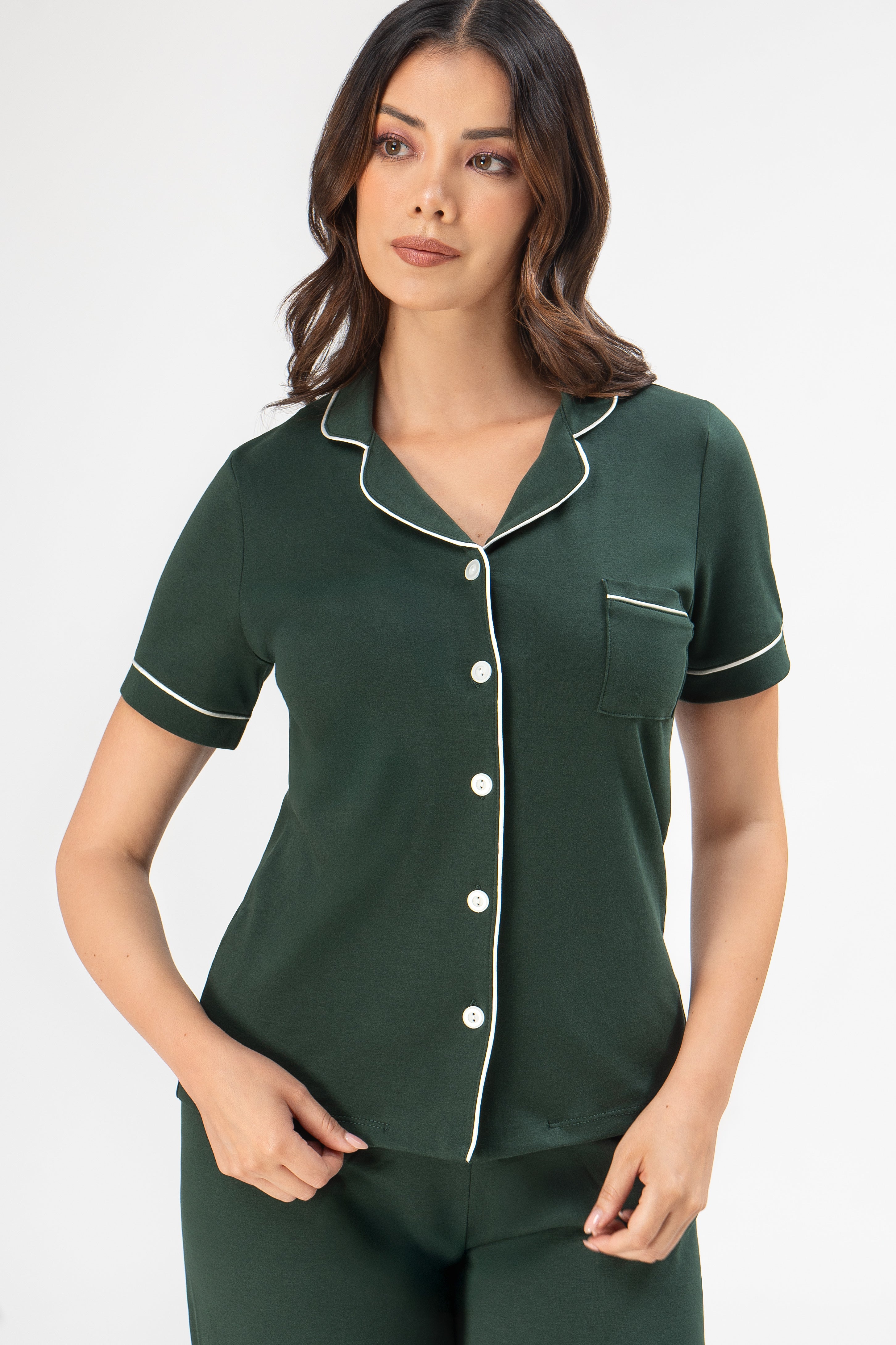 Pijama Set Ana Pima - Manga Corta + Pantalon - Verde Bosque