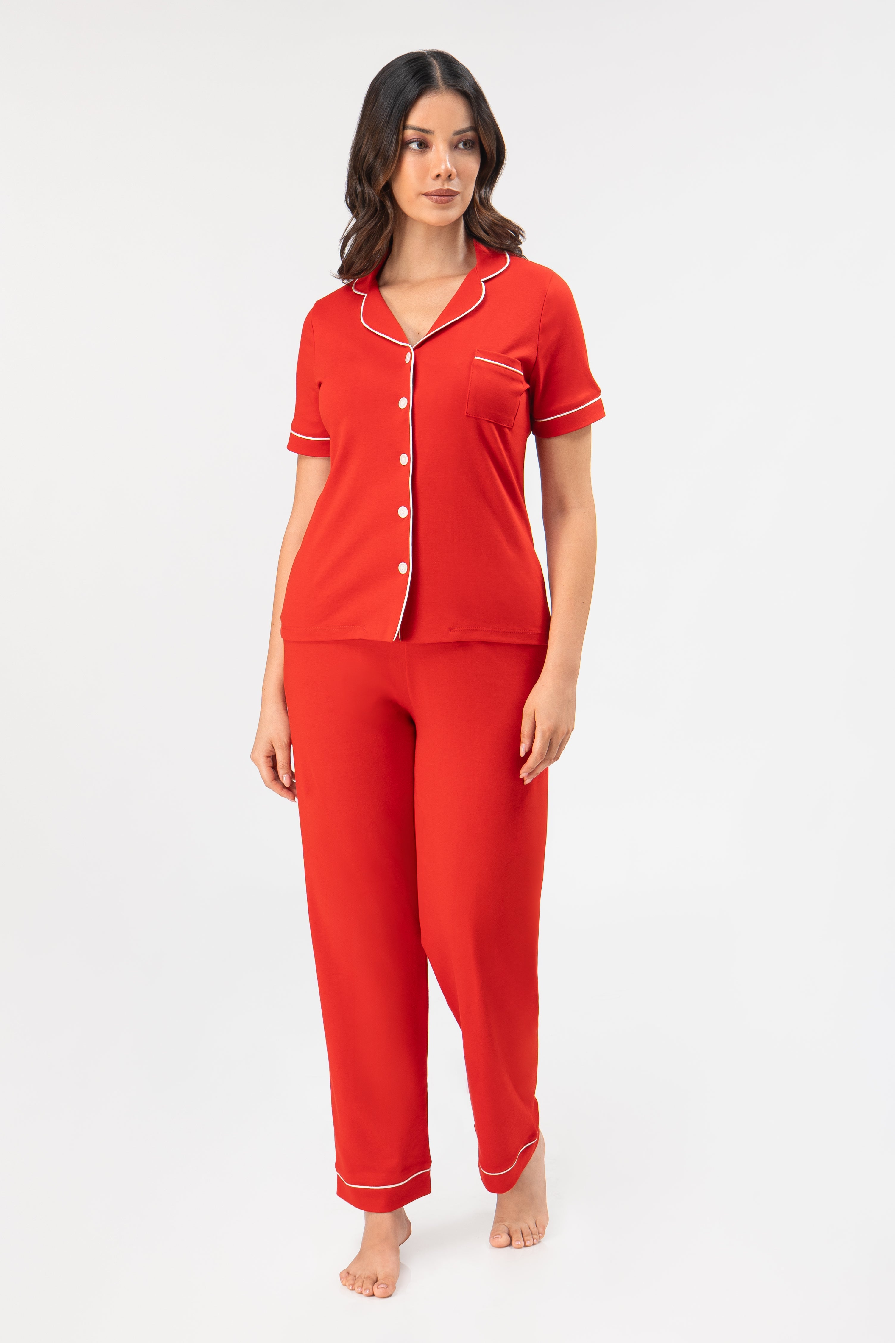 Pijama Set Ana Pima - Manga Corta + Pantalon - Rojo